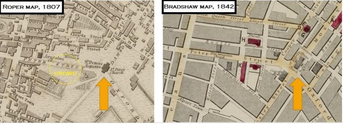 Maps showing the area of St Peter's Field in 1807 and 1842.