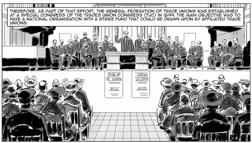 Frame from the graphic history of the GFTU