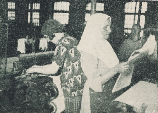 Woman worker checking a newspaper as it comes off the press.