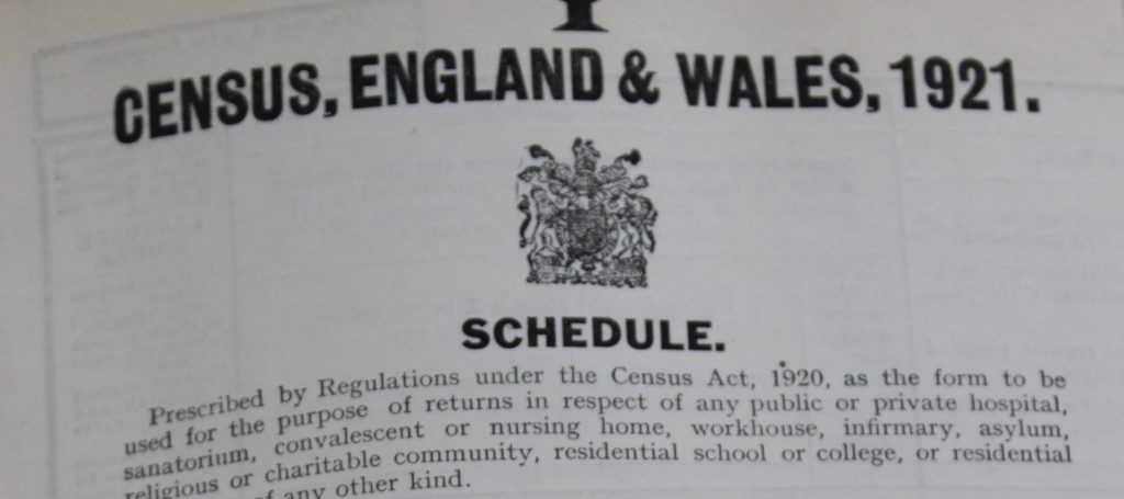 Screenshot of census front cover showing the words 'Census, England & Wales, 1921'