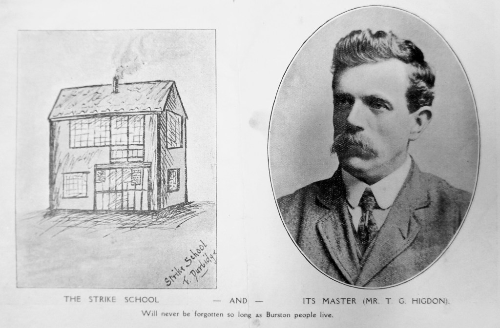 Drawing of the strike school and photograph of Tom Higdon.