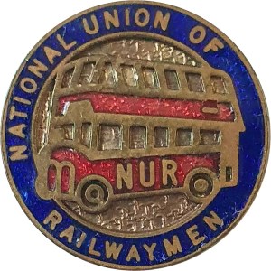 NUR badge featuring a bus in red enamel and brass within a circle of blue enamel on which the name of the union is picked out in brass