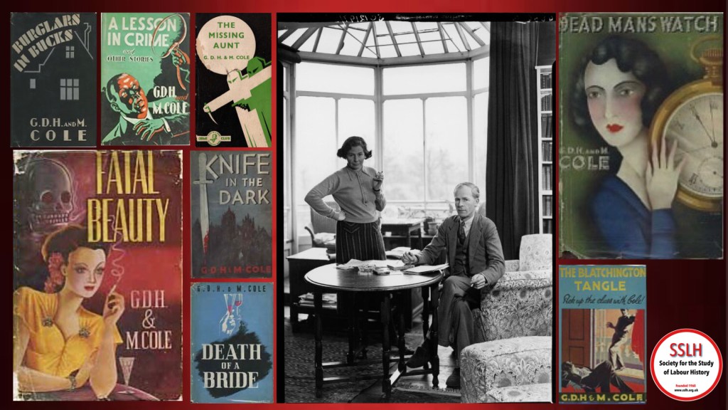 Portrait of the authors: a woman with dark hair looks to the camera, a cigarette held elegantly in her left hand. She is standing by a table at which a man in a 1930s suit is seated with a pen in his hand. They are in a well furnished living room with large window behind them. The main image also includes a montage of 1920s and 1930s crime book covers.