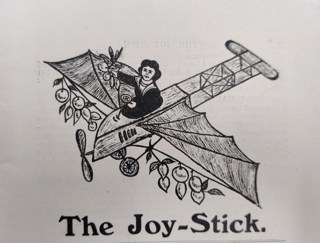 Sketch of woman in first world war aircraft. Title text, The Joy-Stick.
