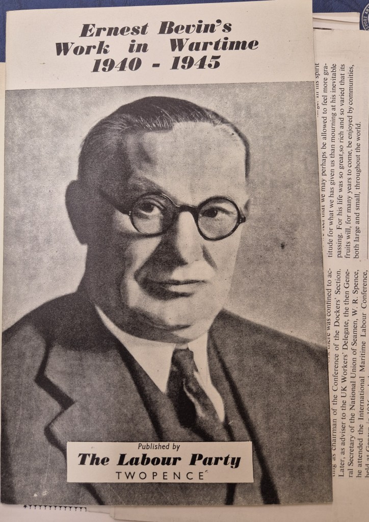 Front of pamp[hlet titled 'Ernest Bevin's Work in Wartime 1940-1945'