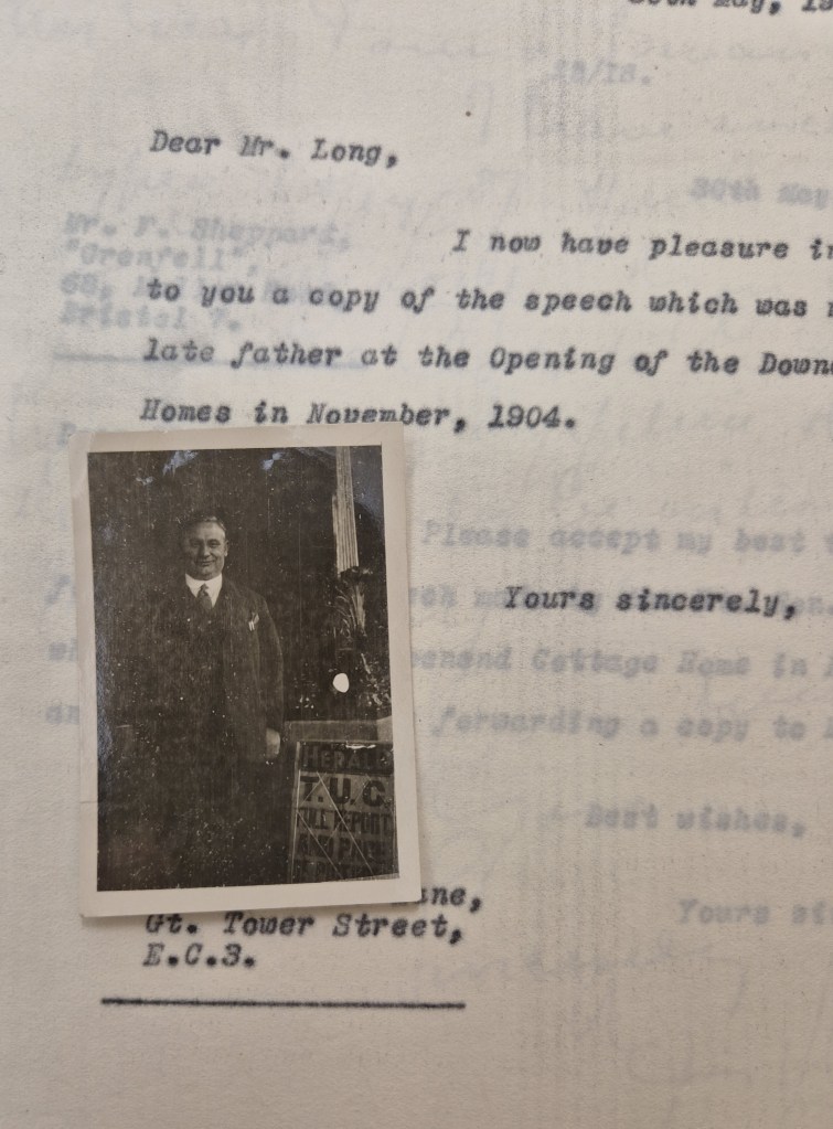 Image of letter sent by Bevin to a Mr Long (content unclear), with small photograph of Bevin.